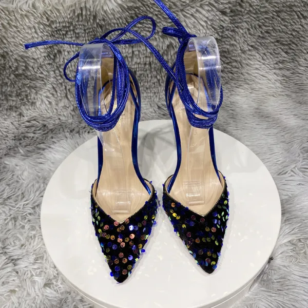 Charming Royal Blue Sequins Evening Party Womens Sandals 2022 12 cm Stiletto Heels Ankle Strap Pointed Toe Womens Shoes High Heels