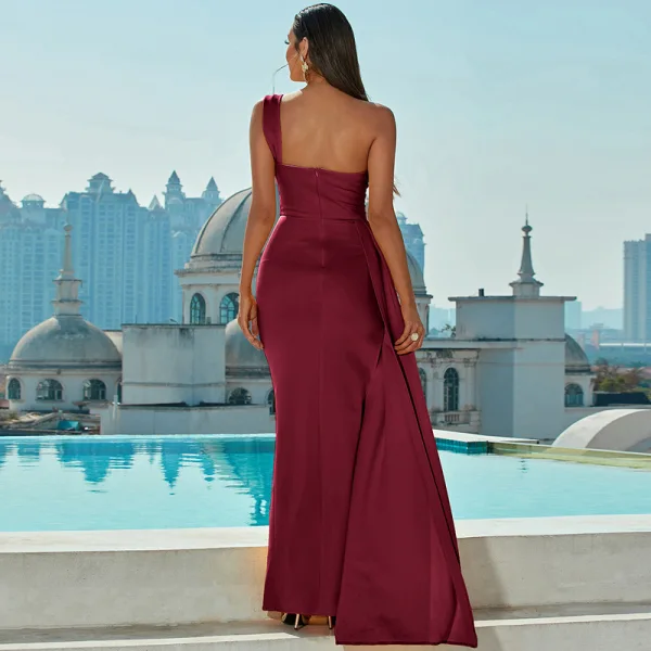 Fashion Yellow Holiday Split Front Evening Dresses 2022 Trumpet / Mermaid One-Shoulder Sleeveless Backless Floor-Length / Long Formal Dresses