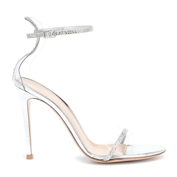 Sexy Silver Evening Party Womens Sandals 2022 Rhinestone Ankle Strap 11 cm Stiletto Heels Open / Peep Toe Sandals High Heels