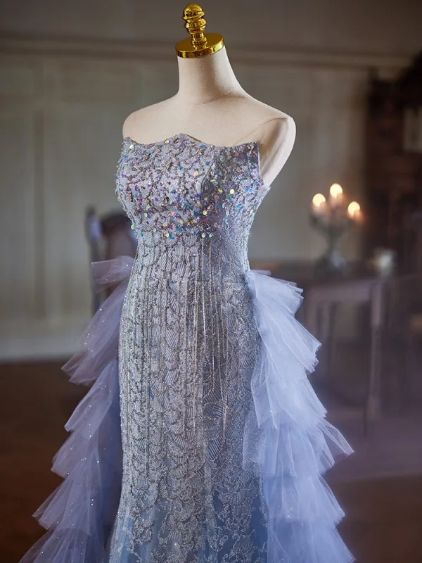 Haut de Gamme Bleu Ciel Perlage Paillettes Volants en Cascade Robe De Soirée 2024 Trompette / Sirène Bustier Sans Manches Dos Nu Longue Soirée Robe De Ceremonie