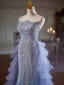 Haut de Gamme Bleu Ciel Perlage Paillettes Volants en Cascade Robe De Soirée 2024 Trompette / Sirène Bustier Sans Manches Dos Nu Longue Soirée Robe De Ceremonie