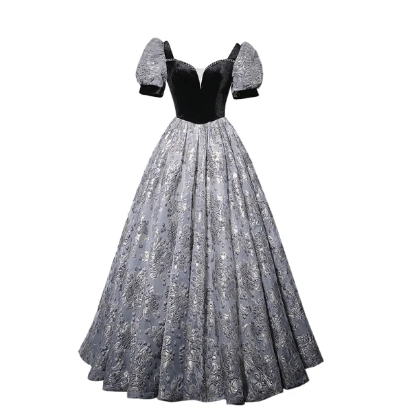 Élégant Noire Impression Robe De Bal 2022 Princesse Encolure Carrée Manches Courtes Dos Nu Longue Promo Robe De Ceremonie