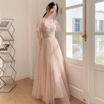 Chic Beautiful Champagne Beading Bridesmaid Dresses 2022 A Line Princess Short Sleeve Backless Floor Length Long Bridesmaid
