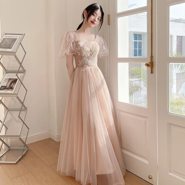 Chic Beautiful Champagne Beading Bridesmaid Dresses 2022 A-Line Princess Short Sleeve Chic Beautiful Champagne Beading Bridesmaid Dresses 2022 A-Line Princess Short Sleeve
