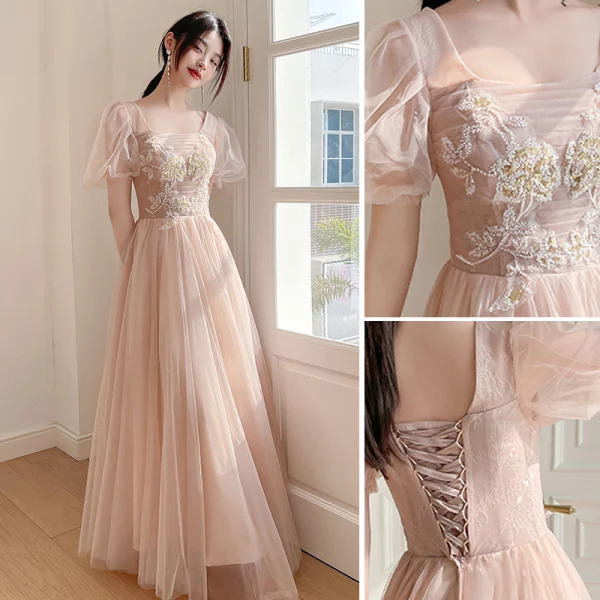 Chic / Beautiful Champagne Beading Bridesmaid Dresses 2022 A-Line / Princess Short Sleeve Backless Floor-Length / Long Bridesmaid