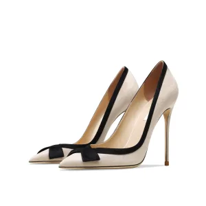 Mode Beige Daim Promo Escarpins 2022 Cuir Noeud 10 Cm Talons Aiguilles À Bout Pointu Escarpins Talons Hauts