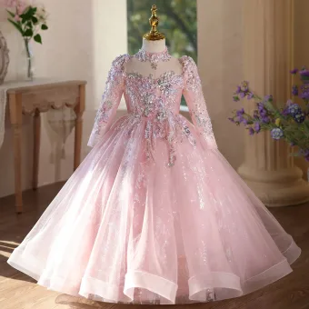 Flower Fairy Blushing Pink Beading Sequins Birthday Flower Girl Dresses 2025 Ball Gown High Neck Long Sleeve Backless Floor Length Long