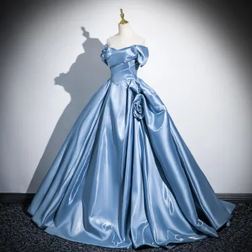 Elegant Ocean Blue Prom Dresses 2025 Ball Gown Off The Shoulder Short Sleeve Backless Sweep Train Prom Formal Dresses