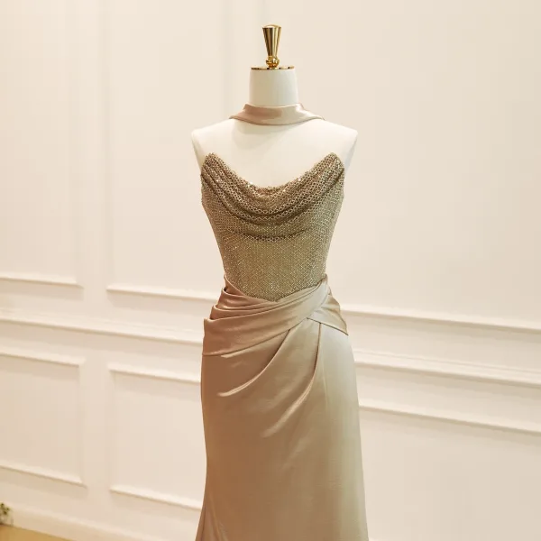 Sexy Gold Rhinestone Evening Dresses 2026 Trumpet / Mermaid Strapless Sleeveless Backless Sweep Train Evening Party Formal Dresses