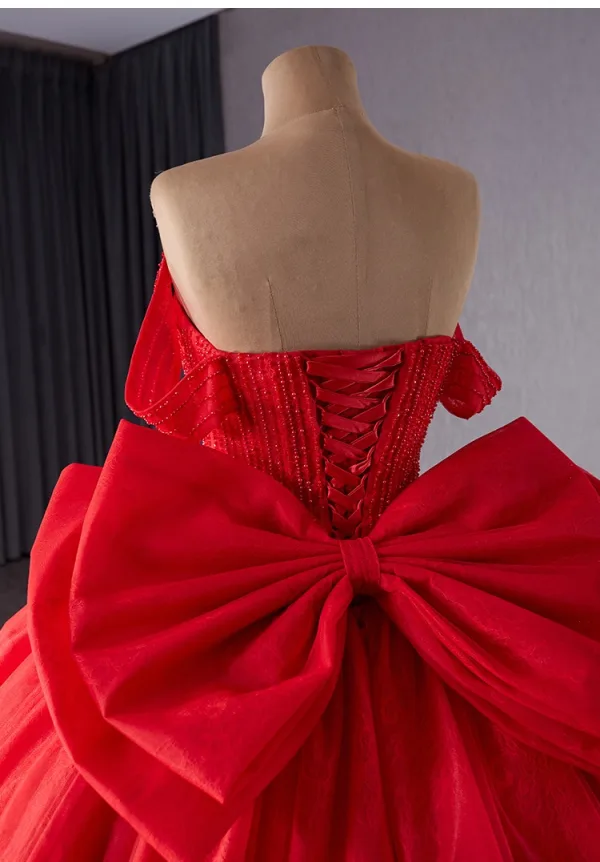 Luxury / Gorgeous Red Handmade  Beading Wedding Dresses 2024 Ball Gown Off-The-Shoulder Sleeveless Backless Bow Chapel Train Wedding