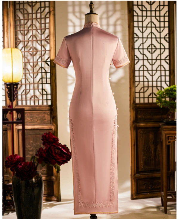 Chinese style Blushing Pink Lace Flower Tea-length Cheongsam 2024 Trumpet / Mermaid High Neck Short Sleeve Prom