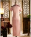 Chinese style Blushing Pink Lace Flower Tea-length Cheongsam 2024 Trumpet / Mermaid High Neck Short Sleeve Prom