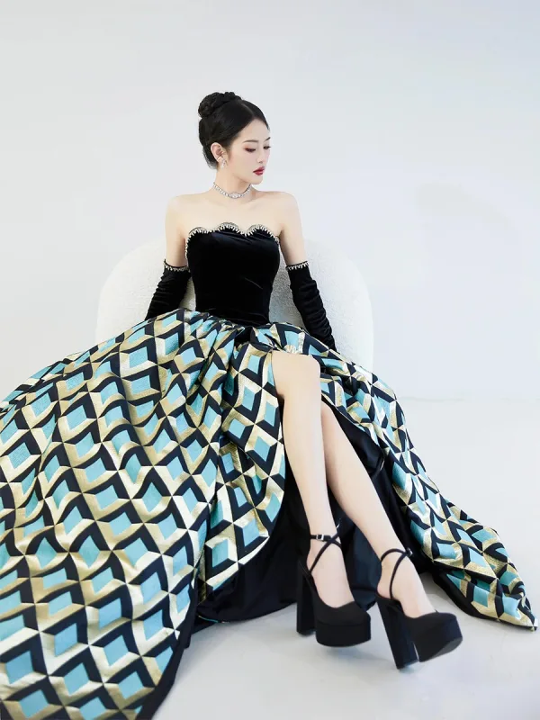 Fashion Black Geometric Asymmetrical Prom Dresses 2025 Ball Gown Strapless Sleeveless Backless Formal Dresses