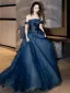 Elegant Ocean Blue Ball Gown Prom Dresses 2026 Off-The-Shoulder Sleeveless Backless Sweep Train Formal Dresses