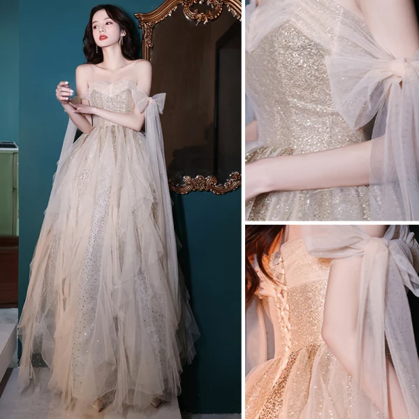 Sexy Charmant Champagne Paillettes Robe De Bal 2022 Princesse Bustier Noeud Sans Manches Dos Nu Longue Promo Robe De Ceremonie