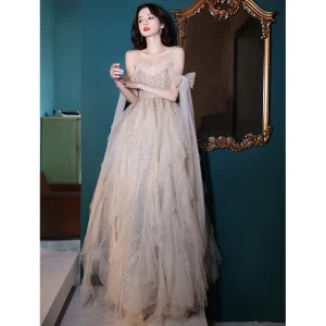 Sexy Charming Champagne Sequins Prom Dresses 2022 A Line Princess Strapless Bow Sleeveless Backless Floor Length Long Prom Formal Dresses