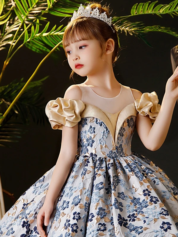 Elegant Sky Blue Printing Birthday Flower Girl Dresses 2024 Ball Gown Scoop Neck Ruffle Short Sleeve Backless Floor-Length / Long