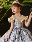 Elegant Sky Blue Printing Birthday Flower Girl Dresses 2024 Ball Gown Scoop Neck Ruffle Short Sleeve Backless Floor-Length / Long