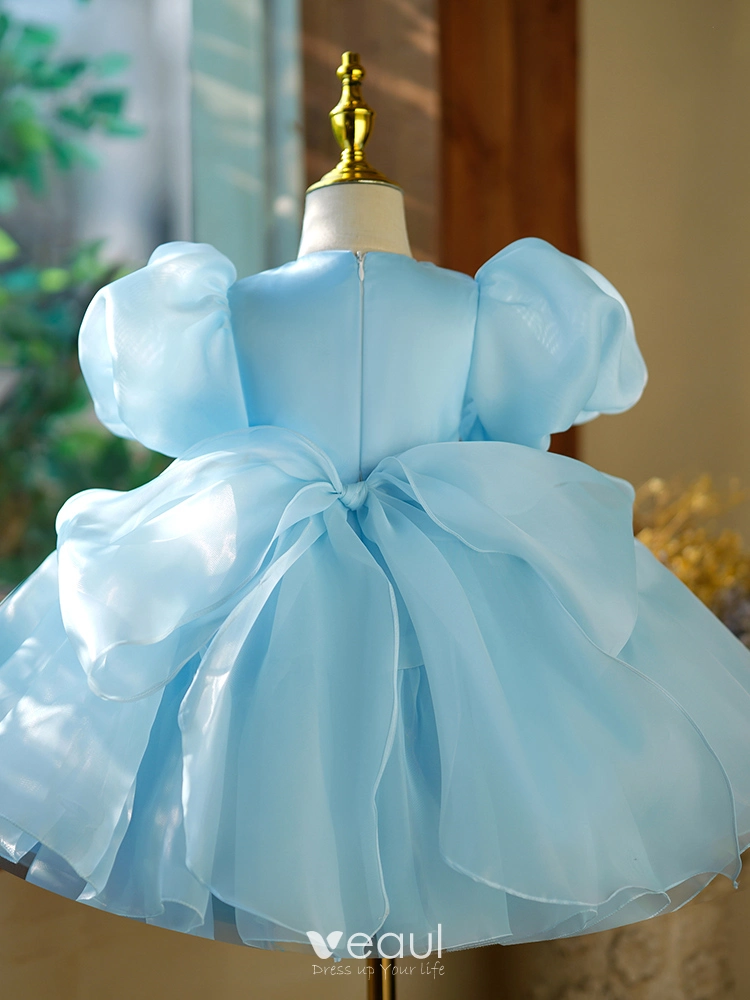 Chic / Beautiful Sky Blue Birthday Pearl Short Flower Girl Dresses 2023 Ball Gown Scoop Neck Puffy Short Sleeve Bow Chic / Beautiful Sky Blue Birthday Pearl Short Flower Girl Dresses 2023 Ball Gown Scoop Neck Puffy Short Sleeve Bow