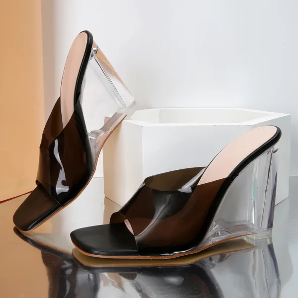 Transparent Summer Orange Cocktail Party Womens Sandals 2022 9 cm Crystal Wedges Open / Peep Toe Sandals High Heels
