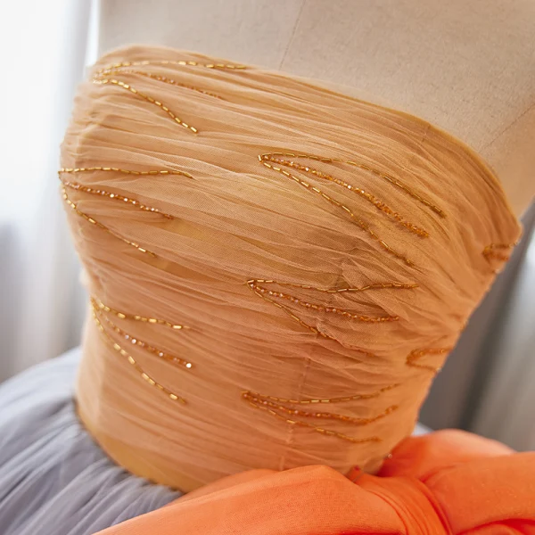 Elegant Orange Beading Prom Dresses 2023 Ball Gown Strapless Sleeveless Backless Bow Floor-Length / Long Prom Formal Dresses