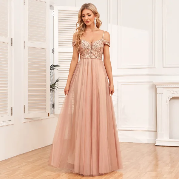 Chic / Belle Doré Paillettes Robe De Soirée 2024 Princesse Bretelles Spaghetti Sans Manches Dos Nu Longue Promo Robe De Ceremonie