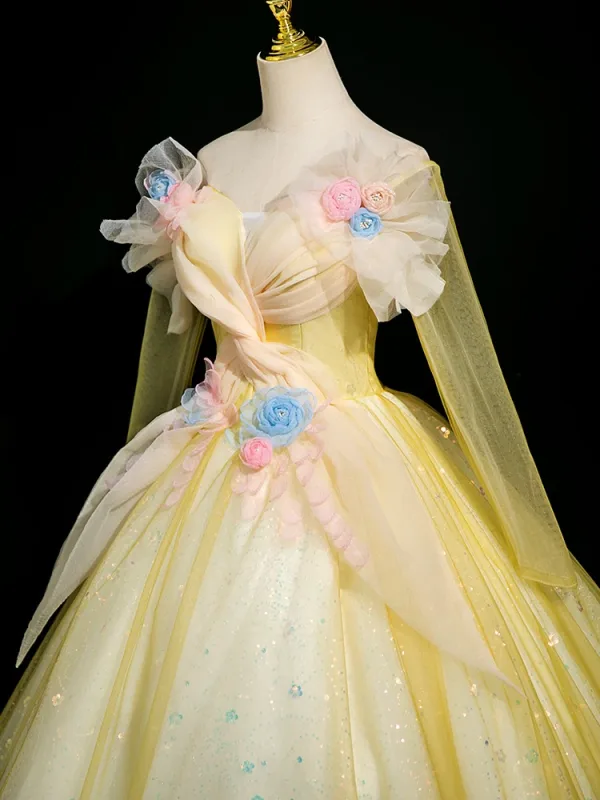 Chic / Beautiful Yellow Appliques Sequins Prom Dresses 2025 Ball Gown Off-The-Shoulder Long Sleeve Backless Floor-Length / Long Formal Dresses