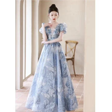 Fashion Charming Sky Blue Beading Pearl Sequins Lace Flower Prom Dresses 2023 A Line Princess V Neck Short Sleeve Backless Floor Length Long