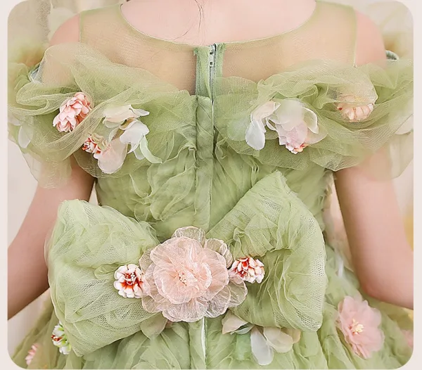 Flower Fairy Sage Green Appliques Birthday Flower Girl Dresses 2024 Ball Gown Scoop Neck Short Sleeve Backless Floor-Length / Long Tulle Flower Girl Dresses