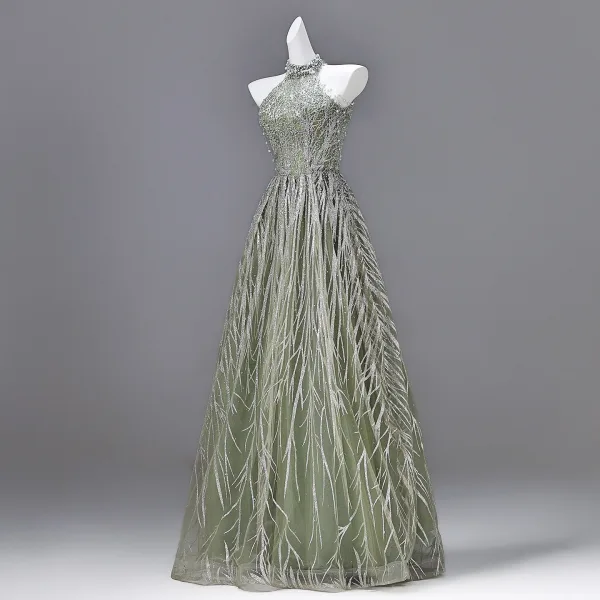 Sparkly Sexy Sage Green Beading Pearl Sequins Prom Dresses 2026 A-Line / Princess High Neck Sleeveless Backless Floor-Length / Long Formal Dresses