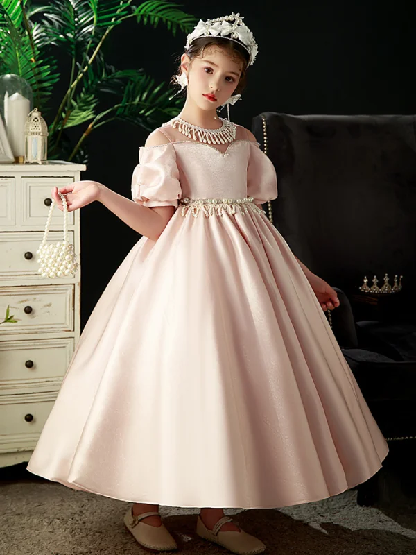 Chic / Beautiful Blushing Pink Pearl Tassel Rhinestone Birthday Flower Girl Dresses 2022 Satin Ball Gown Scoop Neck Short Sleeve Floor-Length / Long Flower Girl Dresses