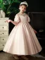 Chic / Beautiful Blushing Pink Pearl Tassel Rhinestone Birthday Flower Girl Dresses 2022 Satin Ball Gown Scoop Neck Short Sleeve Floor-Length / Long Flower Girl Dresses