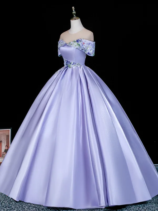 Elegant Lavender Beading Sequins Satin Prom Dresses 2026 Ball Gown Off-The-Shoulder Short Sleeve Backless