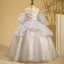 Chic / Beautiful Grey Beading Pearl Sequins Cascading Ruffles Birthday Flower Girl Dresses 2024 Ball Gown Scoop Neck Short Sleeve Backless Bow Floor-Length / Long
