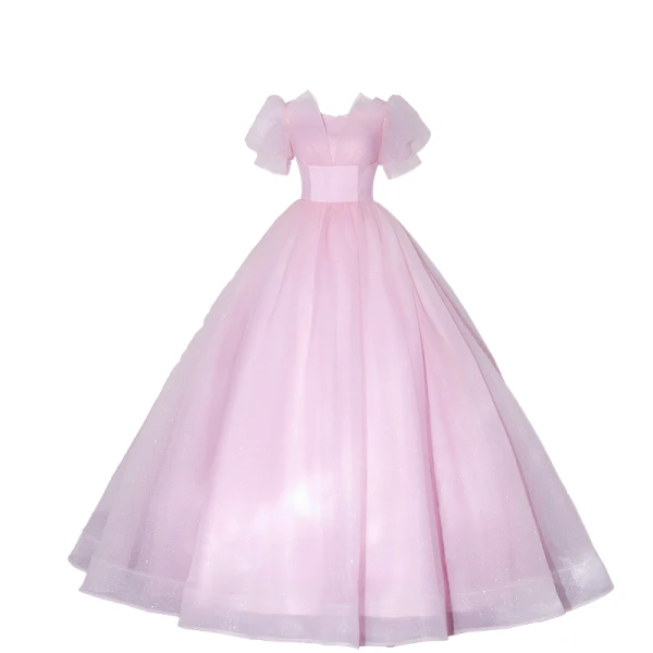 Elegant Blushing Pink Prom Dresses Ball Gown 2022 Scoop Neck Puffy Short Sleeve Backless Floor-Length / Long Prom Formal Dresses