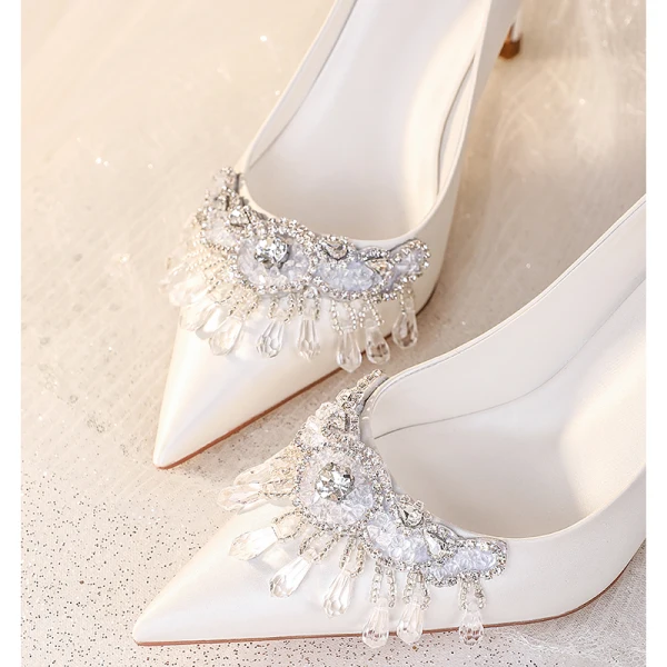 Chic / Beautiful Ivory Satin Rhinestone Wedding Shoes 2023 Leather 8 cm Stiletto Heels Pointed Toe Wedding Pumps High Heels