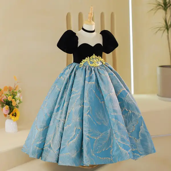 Élégant Noire Anniversaire Robe Ceremonie Fille 2022 Robe Boule Encolure Dégagée Gonflée Manches Courtes Longue Robe Ceremonie Fille