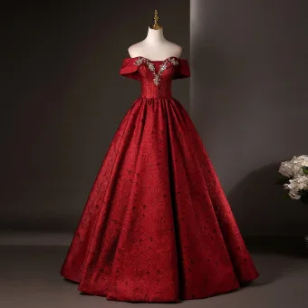 Vintage Originale Bordeaux Faux Diamant Robe De Bal 2025 Robe Boule De L Épaule Manches Courtes Dos Nu Longue Robe De Ceremonie