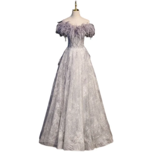 Chic / Beautiful Grey Beading Sequins Prom Dresses 2022 A-Line / Princess Strapless Tassel Sleeveless Backless Prom Floor-Length / Long Formal Dresses
