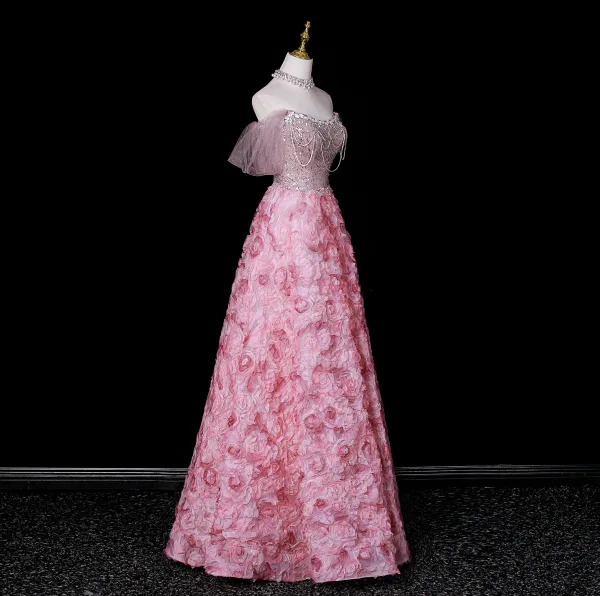 Flower Fairy Blushing Pink Beading Sequins Pearl Rhinestone Appliques Prom Dresses 2026 A-Line / Princess Off-The-Shoulder Short Sleeve Backless Floor-Length / Long Formal Dresses