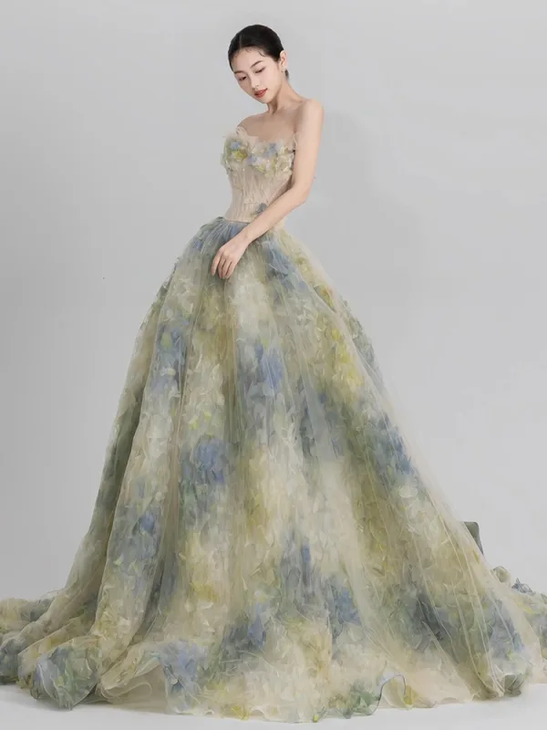 Fashion Flower Fairy Sage Green Appliques Prom Dresses 2024 A-Line / Princess Strapless Sleeveless Backless Sweep Train Prom Formal Dresses
