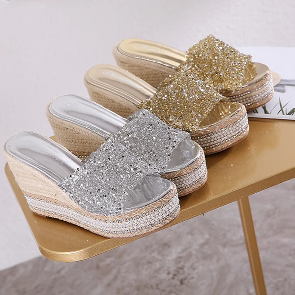 Fashion Bling Bling Silver Rhinestone Sequins Street Wear Summer Womens Sandals 2023 10 cm Wedges Open / Peep Toe Sandals
