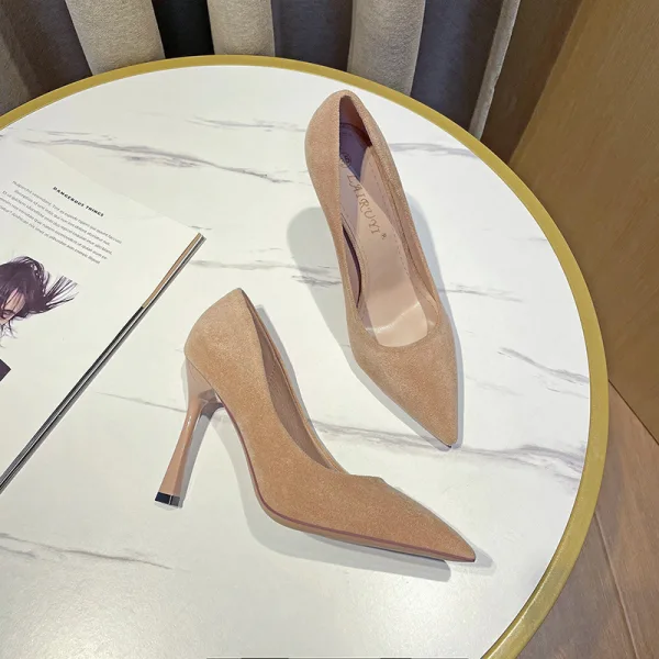 Chic / Beautiful Office OL Beige Suede Pumps 2022 10 cm Stiletto Heels Pointed Toe Pumps High Heels