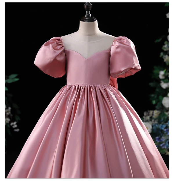 Chic / Beautiful Candy Pink Birthday Flower Girl Dresses 2022 A-Line / Princess Scoop Neck Puffy Short Sleeve Backless Bow Floor-Length / Long Flower Girl Dresses