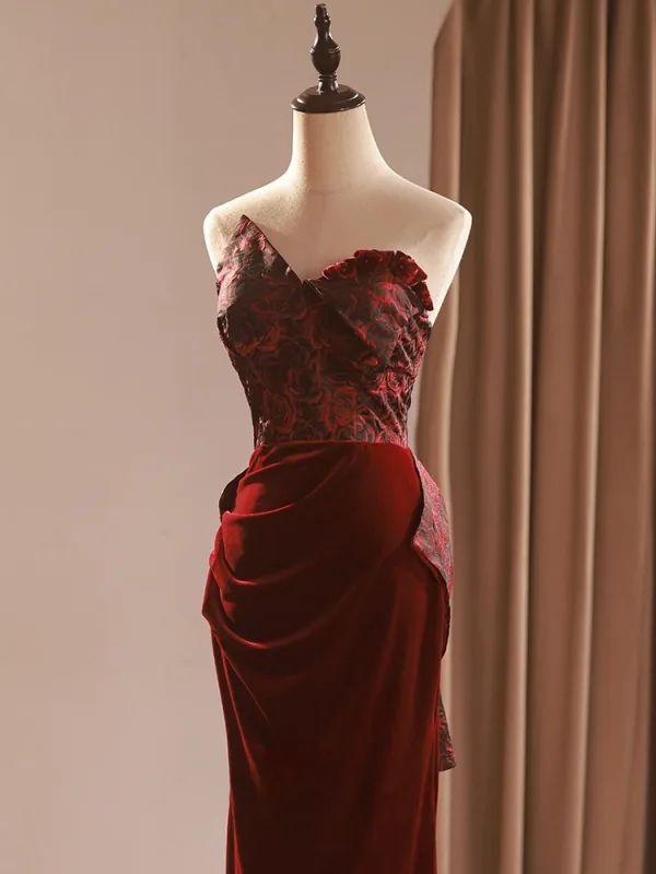 Sexy Burgundy Printing Evening Dresses 2026 Trumpet / Mermaid Strapless Sleeveless Backless Bow Floor-Length / Long Formal Dresses