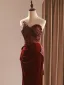 Sexy Burgundy Printing Evening Dresses 2026 Trumpet / Mermaid Strapless Sleeveless Backless Bow Floor-Length / Long Formal Dresses
