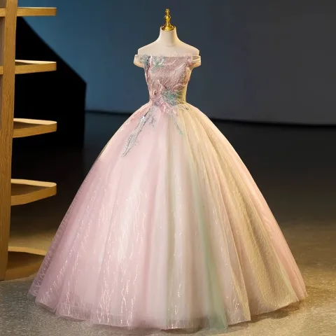 Elegantes Rosa Clara Rebordear Lentejuelas Con Encaje Flor Vestidos de gala 2023 Ball Gown Fuera Del Hombro Sin Mangas Sin Espalda Largos Vestidos de gala