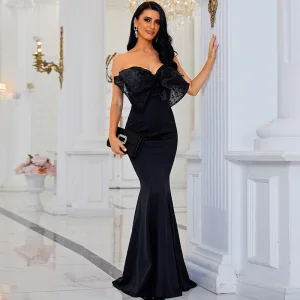 Sexy Svart Selskapskjoler 2022 Trompet Havfrue Av Skulderen Sløyfe Uten Ermer Ryggløse Lange Aften Formelle Kjoler