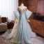 Fashion Sky Blue Beading Sequins Prom Dresses 2024 A-Line / Princess Strapless Short Sleeve Backless Court Train Tulle Prom Formal Dresses