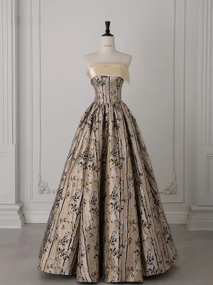 Vintage Retro Champagne Glitter Printing Prom Dresses 2025 A Line Princess Strapless Sleeveless Backless Floor Length Long Formal Dresses
